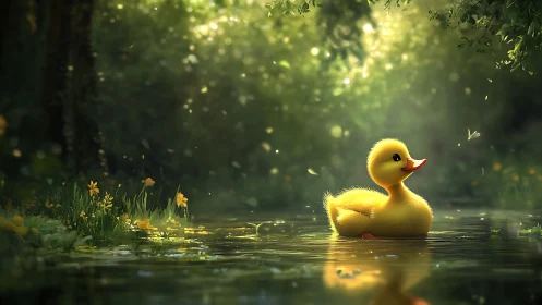 Digital painting of duckling in luminous forest pool scene.