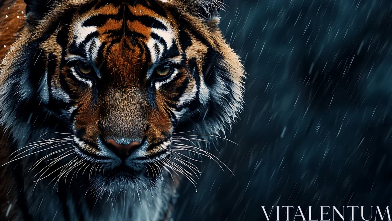 Low-key close-up tiger portrait uses directional rain lighting and focus