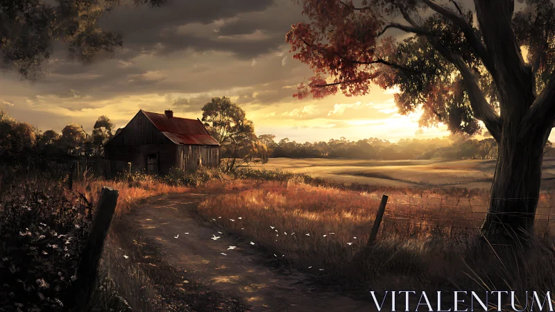 Low-sun rural homestead with dirt track and volumetric light gradients