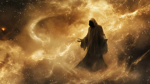 Mysterious cosmic wanderer cloaked in swirling golden light.