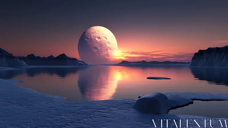 Colossal cratered moon rises over frozen alien seascape