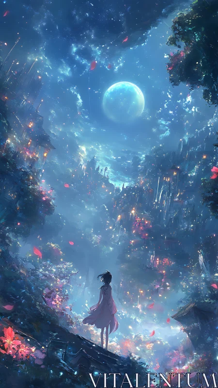 Girl gazes at glowing moon above dreamlike forest city