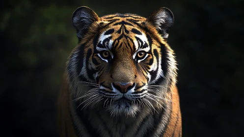 Gentle tiger gazing calmly from the forest shadows.