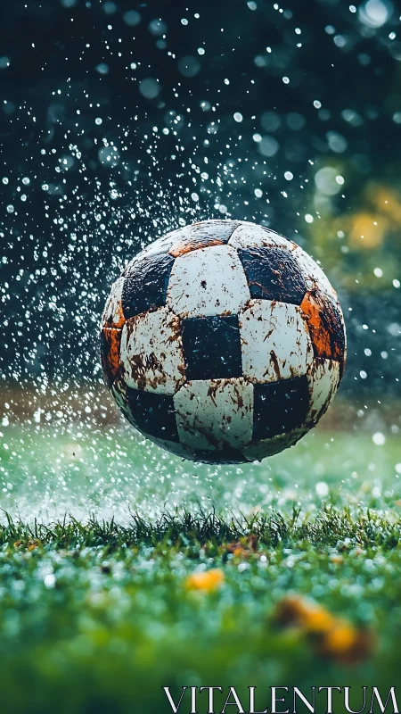 Weathered soccer ball in midair over wet grass field.