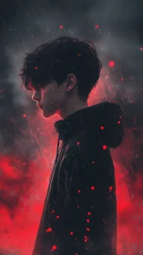 Moody side-profile youth in red backlight and cinematic rain.