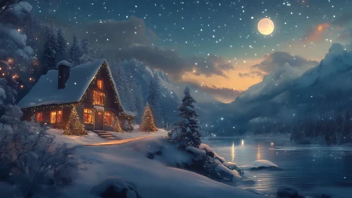 Snow-covered cabin by lake under moonlit winter sky.