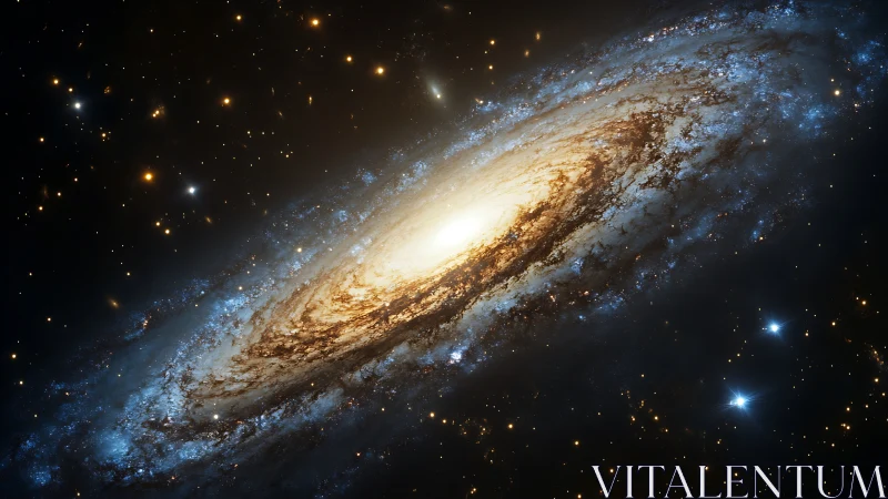 Spiral galaxy core blazing with golden stellar clouds.