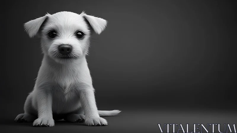 White 3D puppy sitting on dark gradient studio background.