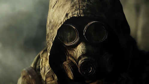 Hooded wanderer hides behind fogged lenses and rusted filters