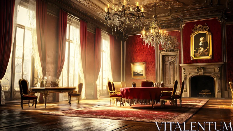 Opulent baroque dining hall drenched in golden daylight.