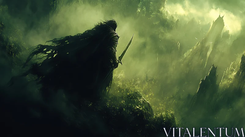 Shadowed wraith warrior surveys luminous toxic valley.