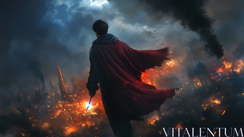 Cloaked sorcerer overlooking burning cityscape at dusk