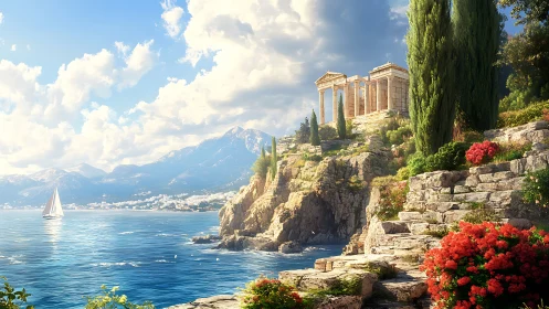 Sunlit cliffside temple above a tranquil sapphire sea.
