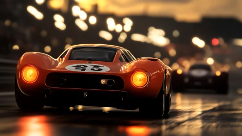 Sunset sprint with a glowing vintage race car on track.
