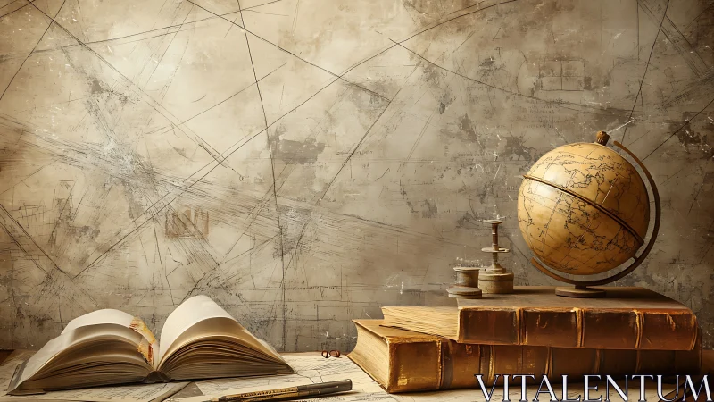 Vintage globe and old books on textured study desk.