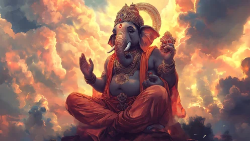 Divine Ganesha iconography in luminous volumetric cloudscape.