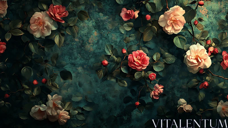 Vintage Garden Roses Against Teal Wall.