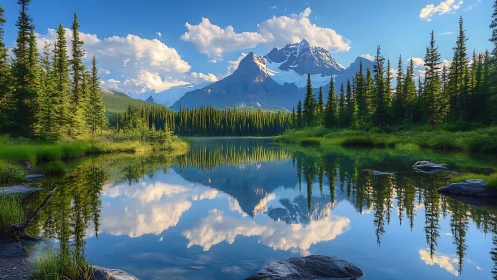 Alpine conifer lake with mirrored snowcapped mountains at sunrise