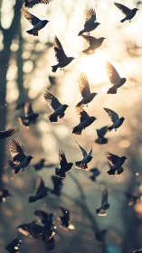 Flock of dusklit songbirds swirling through molten sunlight.