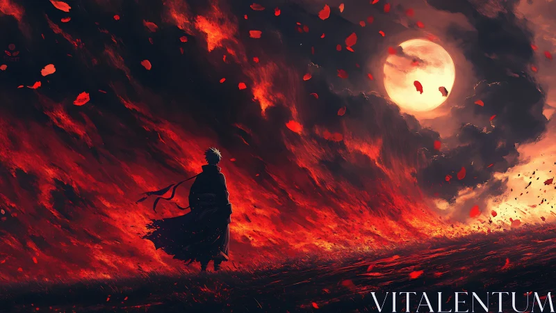 Moonlit wanderer walks the burning wind of crimson petals