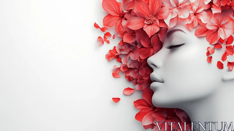 Elegant female profile with vibrant red flowers in surreal art.