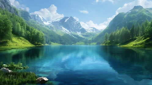 Crystal alpine lake mirrors snowcapped peaks and forests.