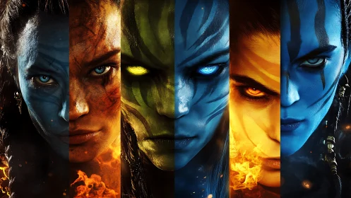 Elemental fantasy portrait strip with five divided faces.