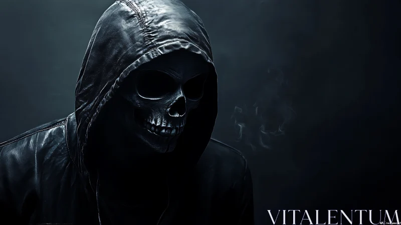 Hooded skeletal figure in dark environment, side profile.