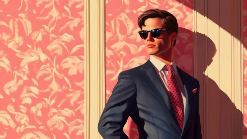 Man in suit with sunglasses against pink patterned wall.