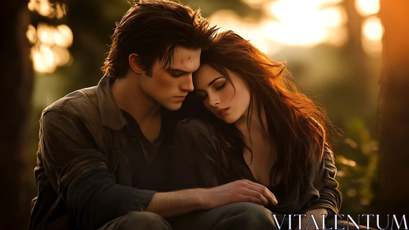 Intimate moment between two figures in golden hour lighting with soft focus background