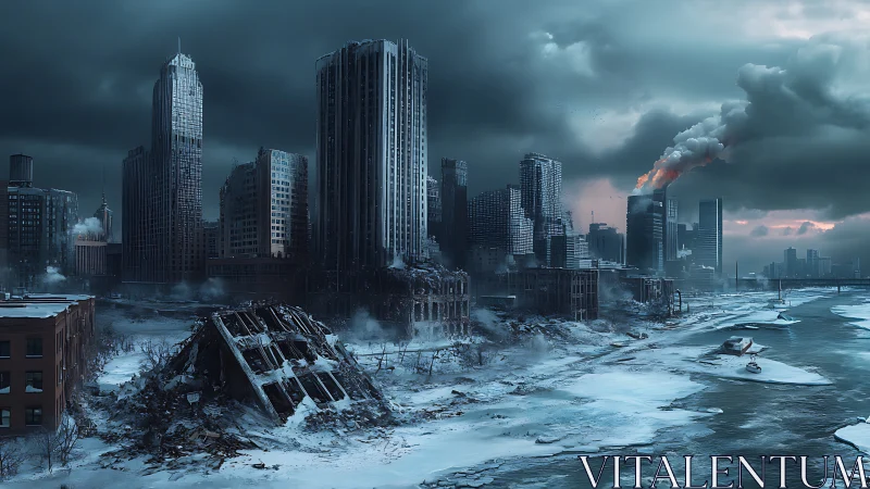 Post-apocalyptic frozen riverfront megacity under toxic plume