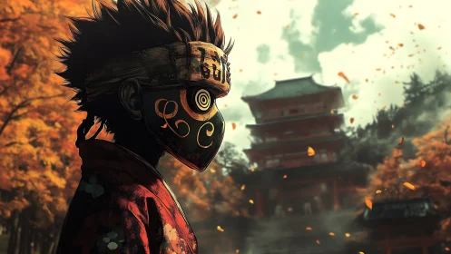 Masked figure in autumn temple landscape, side profile view.