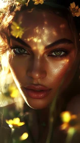 Sunlit wildflower muse gazes through petals and golden dust