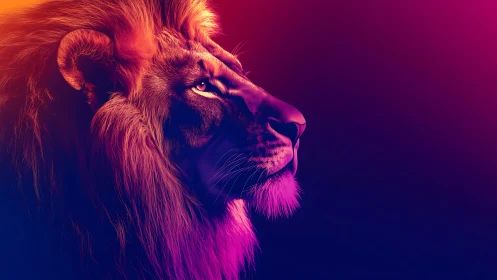 Side profile of lion in neon gradient lighting on black background.
