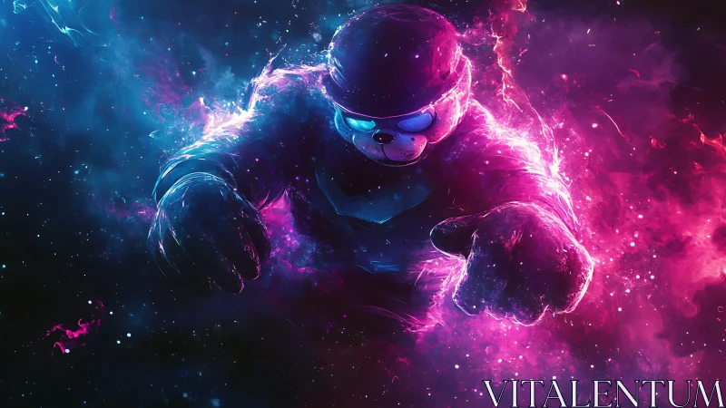 Neon cosmic mascot bear in motion with magenta plasma trails