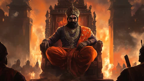 Imperial warrior king enthroned amid blazing citadel ruins.