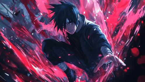 Dynamic anime combat portrait with crimson energy burst.