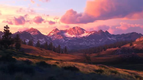 Blushing alpine peaks under a honeyed twilight hush.