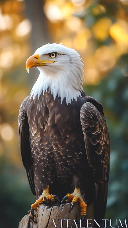 Bald eagle perched on weathered stump in blurred habitat.