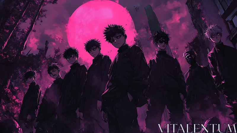 Moonlit misfit squad brooding beneath a fever-pink sky.