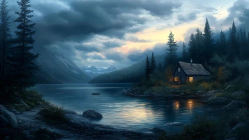 Lakeside cabin at dusk amid pine forest and mountains.