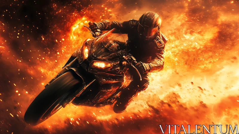 Motorcyclist on sport bike surrounded by intense orange fire.