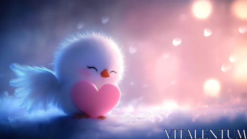 White Avian with Pink Heart Form in Luminous Atmosphere.