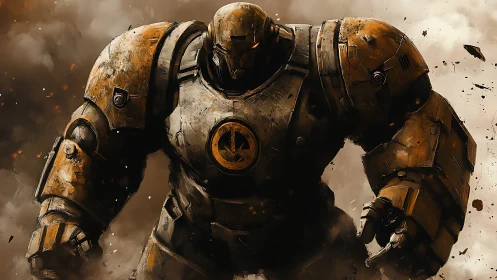 Armored war mech strides through a storm of burning debris