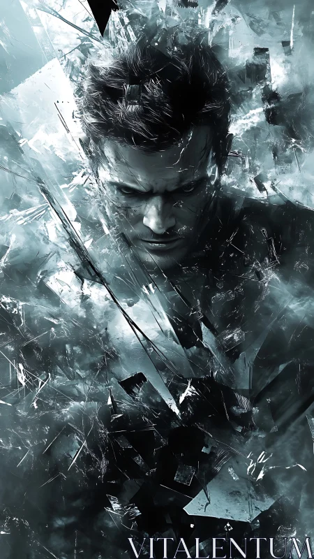 Male digital figure surrounded by fractured glass shards.