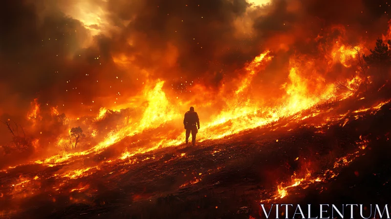 Solitary Figure Against Raging Wildfire.