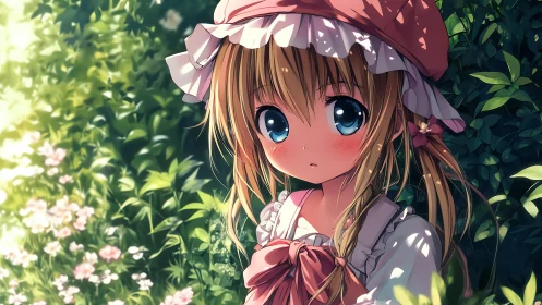 Young girl stands in sunlit garden with dense green foliage