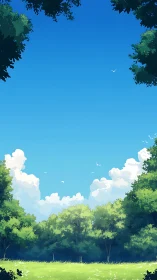 Sunny forest clearing under deep blue sky with clouds