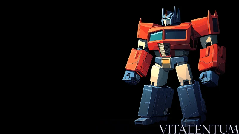 Bold red robot hero standing strong in deep black space.