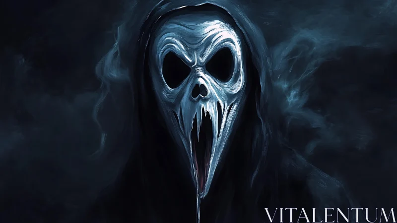Hooded ghostly skull stretches into a chilling scream.